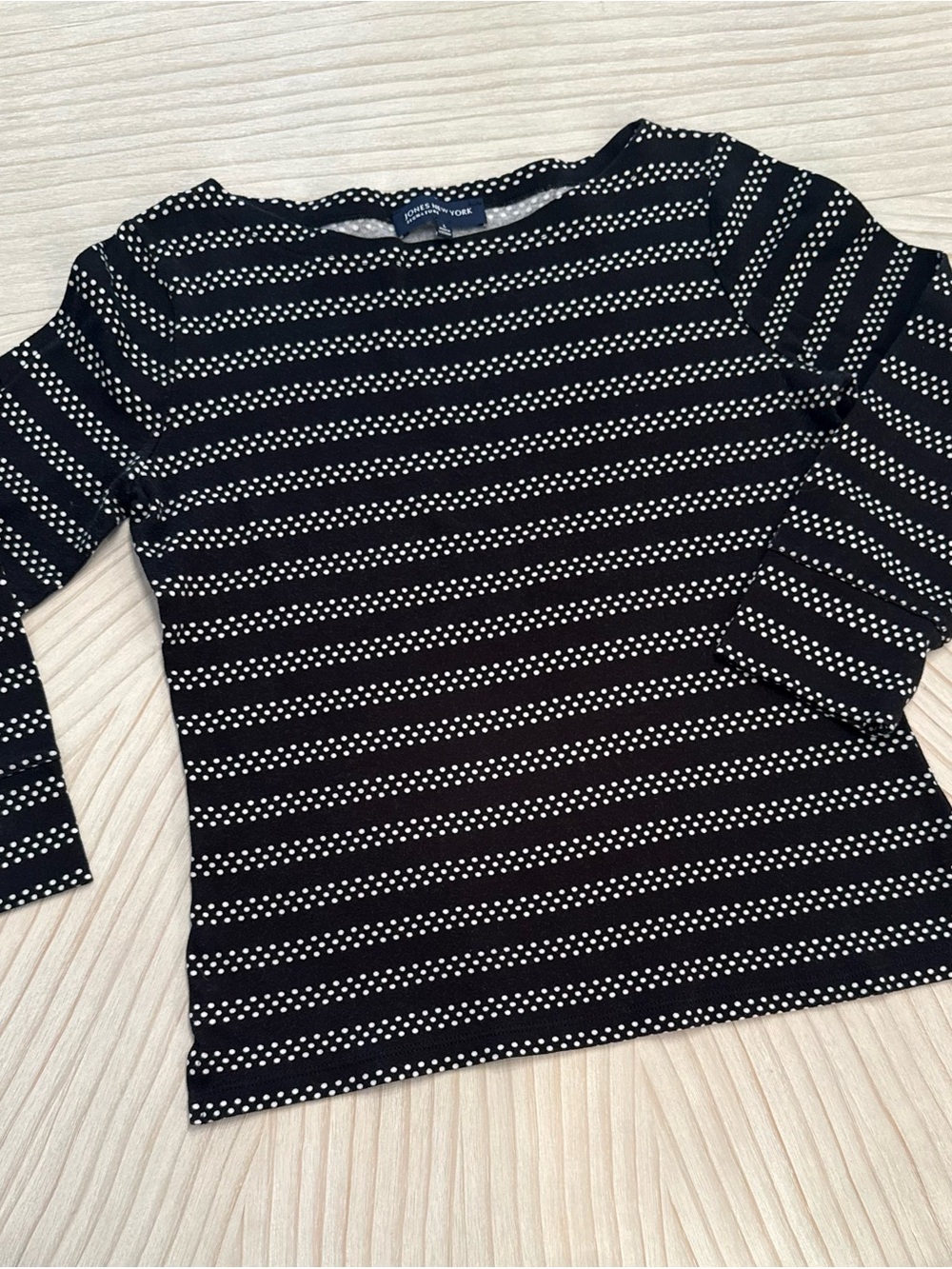 Jones New York Black and White Striped Crewneck Sweater 3/4 length sleeves